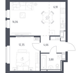 Планировка однокомнатной(квартира) площадью 43.13 квадратных метров в ЖК “ЖК Большое Путилково”