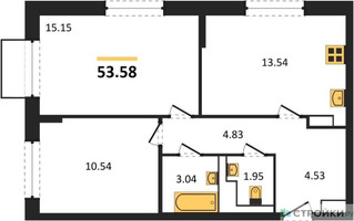 Планировка двухкомнатной(квартира) площадью 53.58 квадратных метров в “ЖК Томилино Парк”