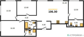Планировка 4+ комнатной(квартира) площадью 106.3 квадратных метров в “ЖК Wave (Вейв)”