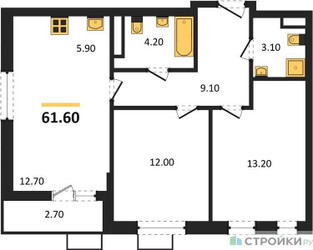 Планировка двухкомнатной(квартира) площадью 61.6 квадратных метров в ЖК “ЖК Прокшино”