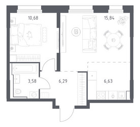 Планировка однокомнатной(квартира) площадью 43.02 квадратных метров в ЖК “ЖК Квартал Строгино”