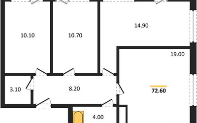 Планировка трехкомнатной(квартира) площадью 72.6 квадратных метров в ЖК “ЖК Южная Долина”