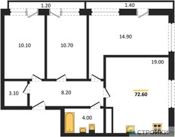 Планировка трехкомнатной(квартира) площадью 72.6 квадратных метров в “ЖК Южная Долина”