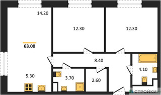 Планировка двухкомнатной(квартира) площадью 63 квадратных метров в “Жилые кварталы Белый Град”