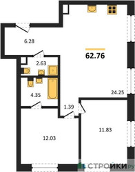 Планировка двухкомнатной(квартира) площадью 62.76 квадратных метров в ЖК “ЖК УЛЬТИМА Сити”