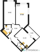 Планировка двухкомнатной(квартира) площадью 57.36 квадратных метров в “ЖК Светлый мир БиоПолис”