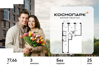 Планировка трехкомнатной(квартира) площадью 77.66 квадратных метров в ЖК “ЖК ЭВО”