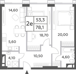 Планировка двухкомнатной(квартира) площадью 78.1 квадратных метров в ЖК “ЖК Will Towers (Вилл Тауэрс)”