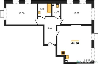 Планировка двухкомнатной(квартира) площадью 64.5 квадратных метров в ЖК “ЖК Лучи-2”