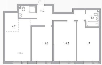 Планировка 4+ комнатной(квартира) площадью 86.3 квадратных метров в ЖК “ЖК Тринити-3”