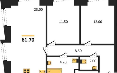 Планировка двухкомнатной(квартира) площадью 61.7 квадратных метров в ЖК “ЖК Обручева 30”