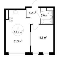 Планировка однокомнатной(квартира) площадью 43.2 квадратных метров в ЖК “ЖК Переделкино Ближнее”