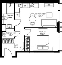 Планировка однокомнатной(квартира) площадью 45.4 квадратных метров в ЖК “ЖК Веер”