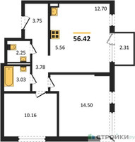 Планировка двухкомнатной(квартира) площадью 56.42 квадратных метров в “ЖК Мытищи Парк”