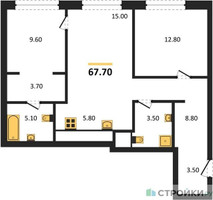 Планировка двухкомнатной(квартира) площадью 67.7 квадратных метров в “ЖК Upside Towers (Апсайд Тауэрс)”