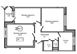 Планировка двухкомнатной(квартира) площадью 83.4 квадратных метров в ЖК “ЖК Терра”