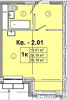 Планировка студии(квартира) площадью 28.19 квадратных метров в “ЖК Радость (Радумля Парк)”