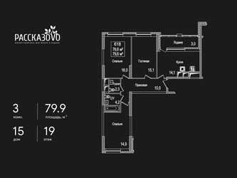 Планировка трехкомнатной(квартира) площадью 79.9 квадратных метров в ЖК “ЖК Рассказово”