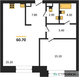 Планировка однокомнатной(квартира) площадью 60.7 квадратных метров в ЖК “ЖК Коллекция Лужники”