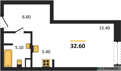 Планировка студии(квартира) площадью 32.6 квадратных метров в ЖК “ЖК STONE Rise (Райз)”