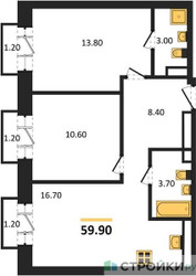 Планировка двухкомнатной(квартира) площадью 59.9 квадратных метров в ЖК “ЖК Квартал Метроном”