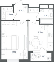 Планировка однокомнатной(квартира) площадью 44.4 квадратных метров в “ЖК Равновесие”
