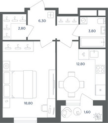Планировка однокомнатной(квартира) площадью 44.4 квадратных метров в ЖК “ЖК Равновесие”