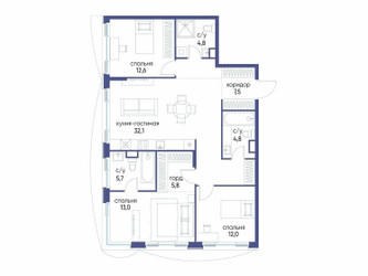 Планировка трехкомнатной(квартира) площадью 98.32 квадратных метров в ЖК “ЖК Остров”