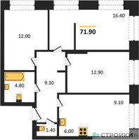 Планировка трехкомнатной(квартира) площадью 71.9 квадратных метров в “ЖК Skolkovo ONE (Сколково Уан)”