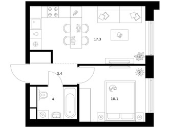 Планировка однокомнатной(квартира) площадью 34.8 квадратных метров в ЖК “ЖК Зеленый парк”