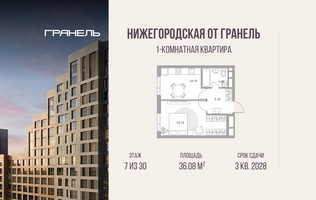 Планировка однокомнатной(квартира) площадью 36.08 квадратных метров в “ЖК Нижегородская от Гранель”