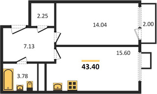 Планировка однокомнатной(квартира) площадью 43.4 квадратных метров в “ЖК Катуар”