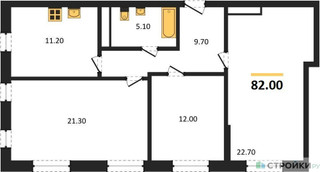 Планировка трехкомнатной(квартира) площадью 82 квадратных метров в “ЖК Южная Долина”