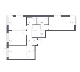 Планировка трехкомнатной(квартира) площадью 76.49 квадратных метров в ЖК “ЖК Молжаниново”