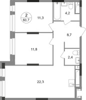 Планировка двухкомнатной(квартира) площадью 60.7 квадратных метров в “ЖК Первый Московский”