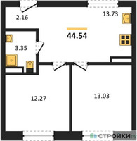 Планировка двухкомнатной(квартира) площадью 44.54 квадратных метров в “ЖК ЭкоБунино (Южное Бунино)”
