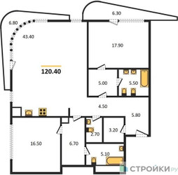 Планировка двухкомнатной(квартира) площадью 120.4 квадратных метров в ЖК “ЖК Лаврушинский”