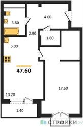 Планировка однокомнатной(апартаменты) площадью 45.4 квадратных метров в ЖК “ЖК Равновесие”