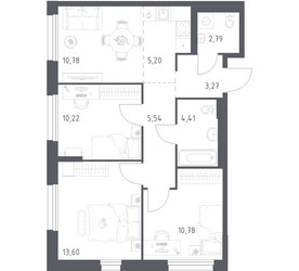Планировка трехкомнатной(квартира) площадью 66.59 квадратных метров в ЖК “ЖК Новое Внуково”
