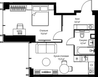 Планировка однокомнатной(квартира) площадью 42.6 квадратных метров в ЖК “ЖК Веер”
