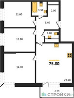 Планировка трехкомнатной(квартира) площадью 74.6 квадратных метров в “ЖК Одинцовские кварталы”