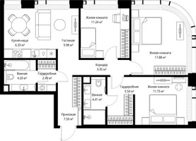 Планировка трехкомнатной(квартира) площадью 84.73 квадратных метров в “ЖК Веер”