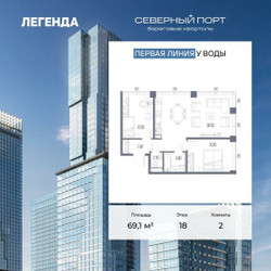 Планировка двухкомнатной(квартира) площадью 69.1 квадратных метров в ЖК “ЖК Северный порт. Береговые кварталы”