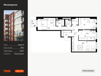 Планировка трехкомнатной(квартира) площадью 80.8 квадратных метров в ЖК “ЖК Москворечье”
