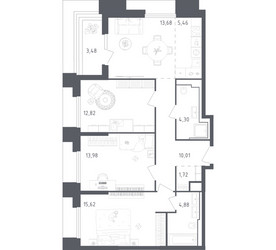 Планировка трехкомнатной(апартаменты) площадью 85.95 квадратных метров в ЖК “ЖК Скай Спутник”
