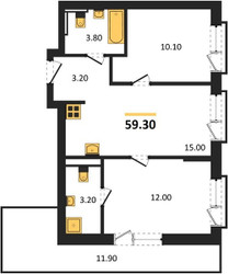 Планировка двухкомнатной(квартира) площадью 59.3 квадратных метров в ЖК “ЖК Квартал Герцена”