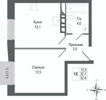 Планировка однокомнатной(квартира) площадью 32.1 квадратных метров в “ЖК КИНОКВАРТАЛ”