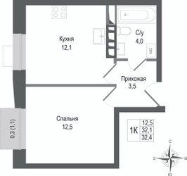 Планировка однокомнатной(квартира) площадью 32.1 квадратных метров в ЖК “ЖК КИНОКВАРТАЛ”