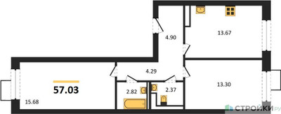 Планировка двухкомнатной(квартира) площадью 57.03 квадратных метров в ЖК “ЖК Алхимово”