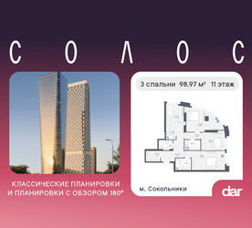 Планировка трехкомнатной(квартира) площадью 98.97 квадратных метров в ЖК “ЖК Солос”